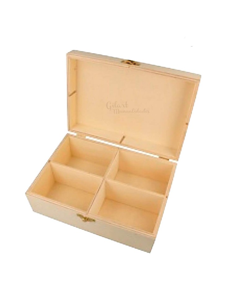 Caja de infusiones Artemio abierta mostrando sus 4 compartimentos en madera natural