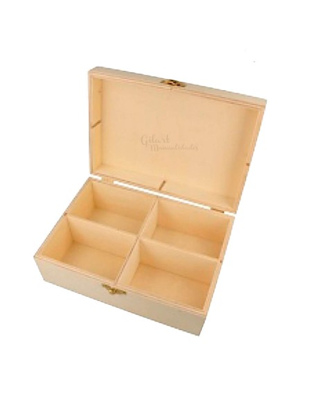 Caja de infusiones Artemio abierta mostrando sus 4 compartimentos en madera natural