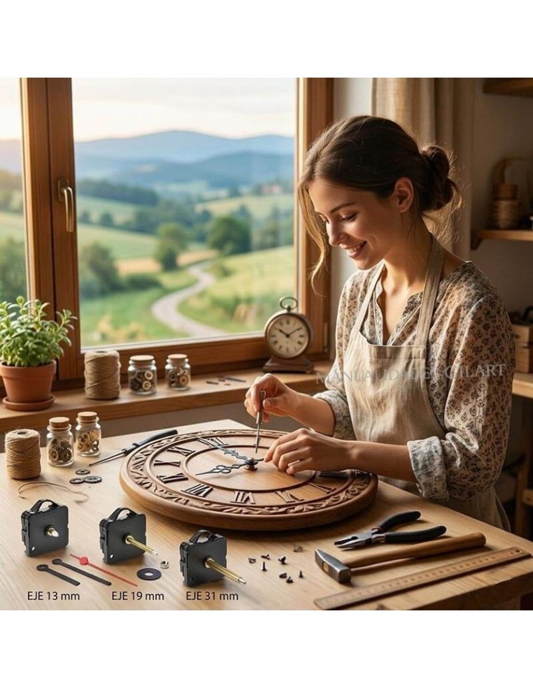 Proceso de montaje y elección del eje de maquinaria de reloj de cuarzo en un taller