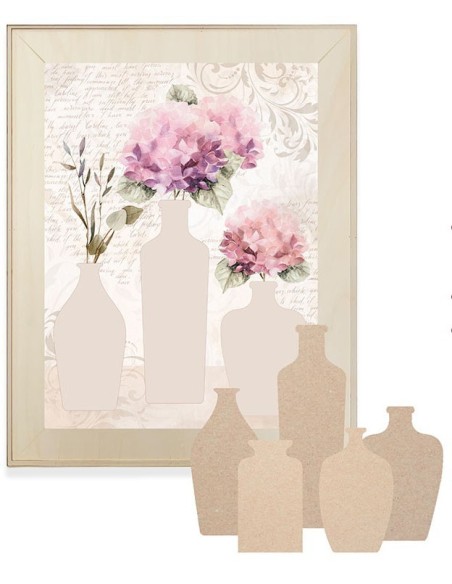 Ejemplo decorativo con siluetas de madera dm pintadas a mano sobre lienzo. La que está a la venta es silueta jarrón 310 x 85 mm