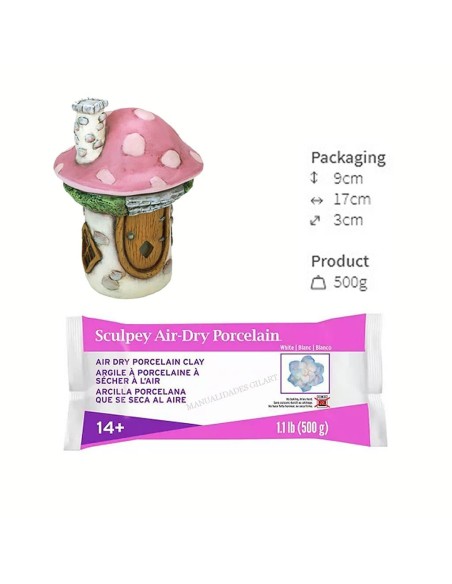 Arcilla Porcelana Fría Sculpey Air-Dry Porcelain Blanca 500g casa de hongo modelada a mano