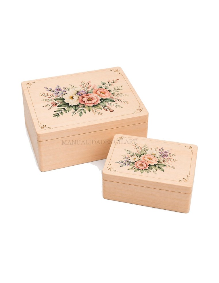 Cajas de madera natural decoradas con técnica de decoupage floral en tonos rosas y verdes