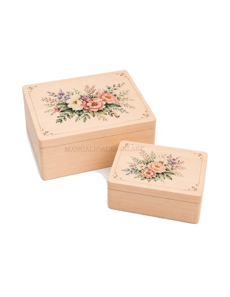 Cajas de madera natural decoradas con técnica de decoupage floral en tonos rosas y verdes