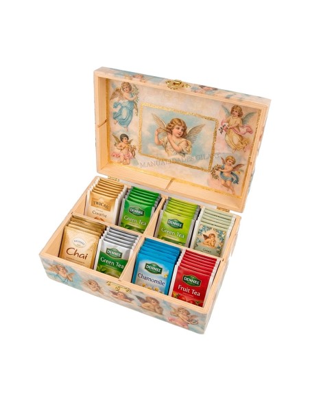 Caja de infusiones decorada con decoupage y bolsitas de té organizadas en compartimentos
