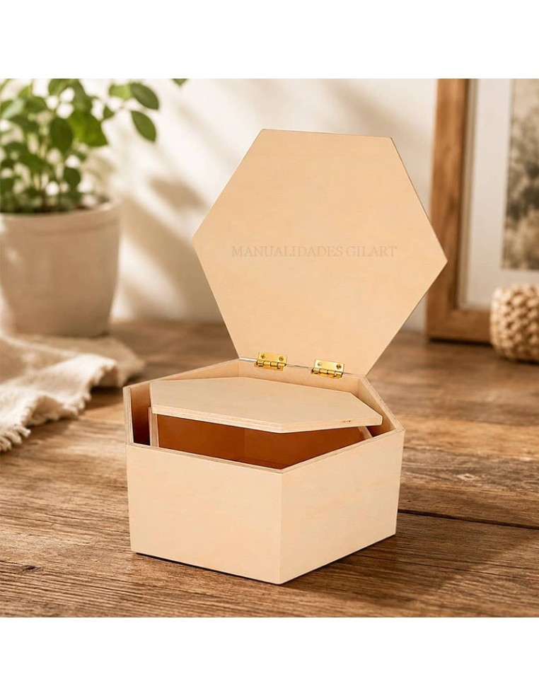 Set de dos cajas hexagonales de madera abiertas para organizacion y regalos de comunión.