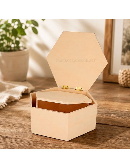 Set de dos cajas hexagonales de madera abiertas para organizacion y regalos de comunión.