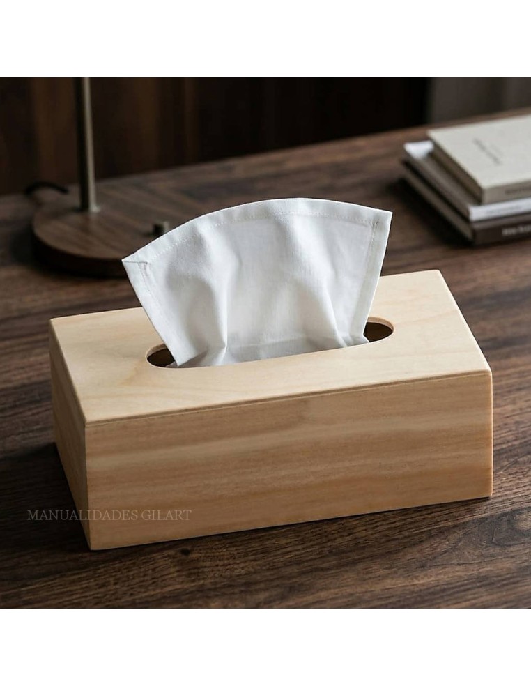 Dispensador de tisues de madera natural y cubre kleenex con pañuelo.
