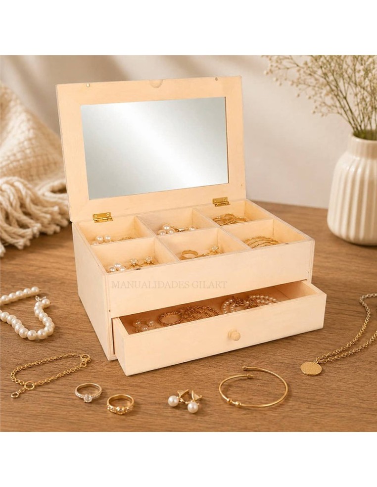 Alhajero de madera con espejo abierto y joyero de cajón artemio.