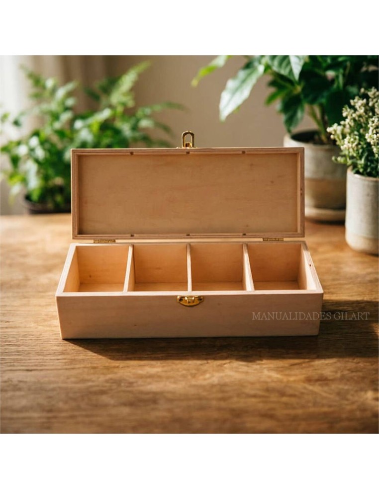 Organizador de infusiones de madera para decorar abierto con 4 compartimentos.