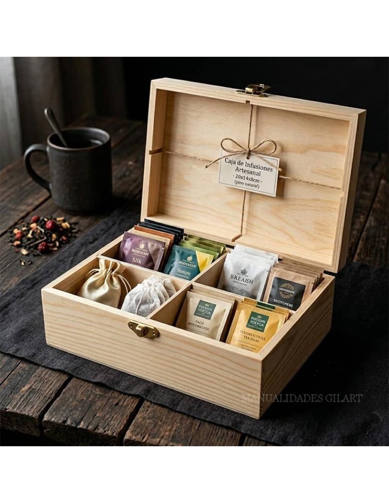 Organizador de te de madera natural con bolsitas en caja artemio abierta.