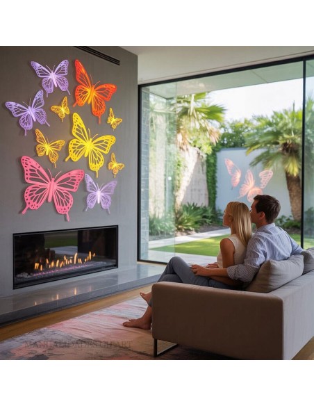 Decoración de pared con mariposas caladas hechas con goma EVA de sutil destello