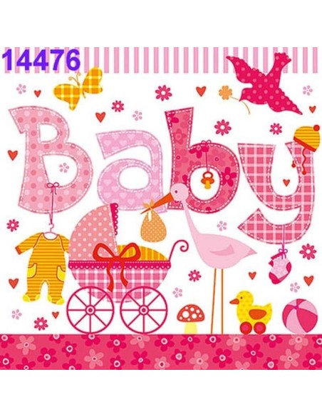 Servilletas Decoupage Baby 33x33cm 20 Uds con cochecito y cigüeña para baby shower