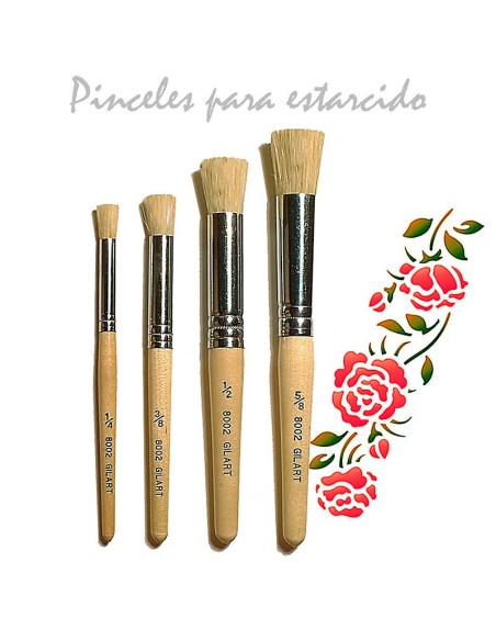 Gama de pinceles de estarcido de cerda natural en distintos grosores con dibujo de rosas