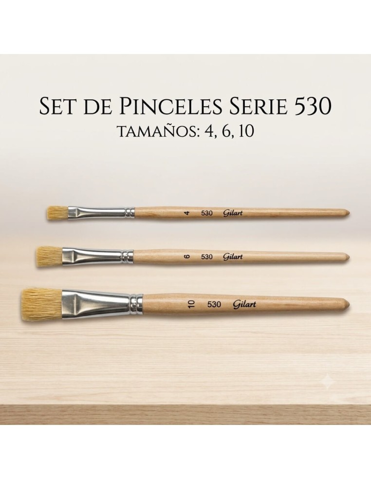 Set de 3 pinceles planos cerda natural serie 530 Gilart en tamaños 4, 6 y 10