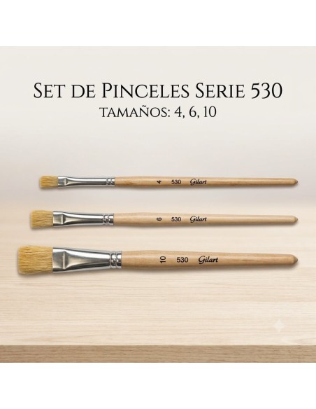 Set de 3 pinceles planos cerda natural serie 530 Gilart en tamaños 4, 6 y 10