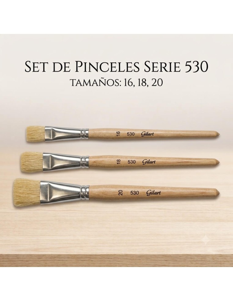 Kit 3 pinceles Planos Cerda Natural Serie 530 grandes Gilart, para óleo y acrílico.