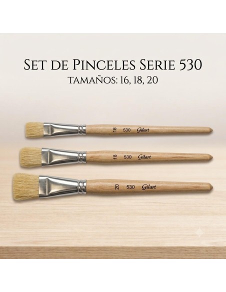 Kit 3 pinceles Planos Cerda Natural Serie 530 grandes Gilart, para óleo y acrílico.