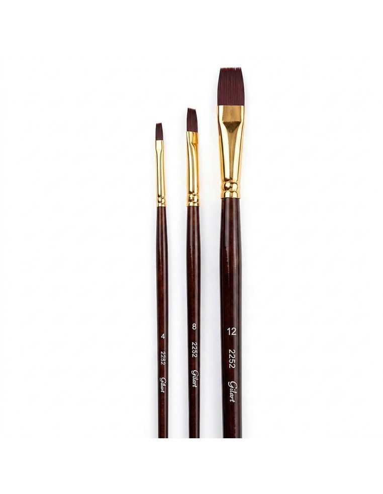 Kit 3 pinceles planos Gilart 2252 Teijin mango largo sobre fondo blanco para óleo y acrílico