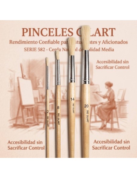 Pinceles redondos Gilart serie 582 en entorno artístico con materiales de óleo y caballete