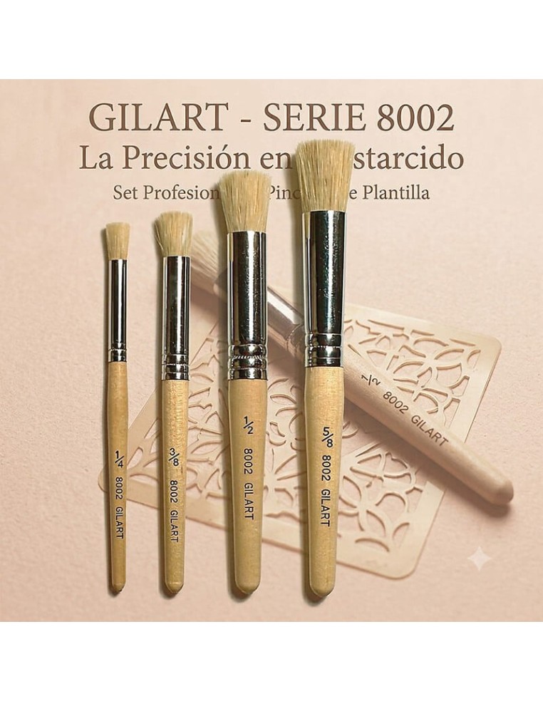 Set 4 pinceles para estarcido Gilart 8002 cerda natural mango corto con plantilla de esténcil