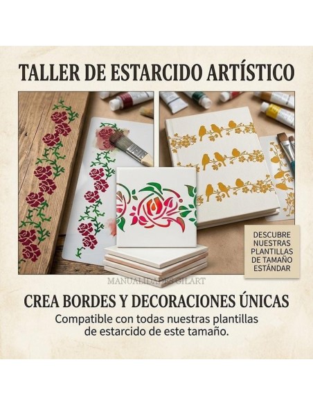Muestras de técnicas de estarcido artístico con plantillas de cenefas 60x7 cm