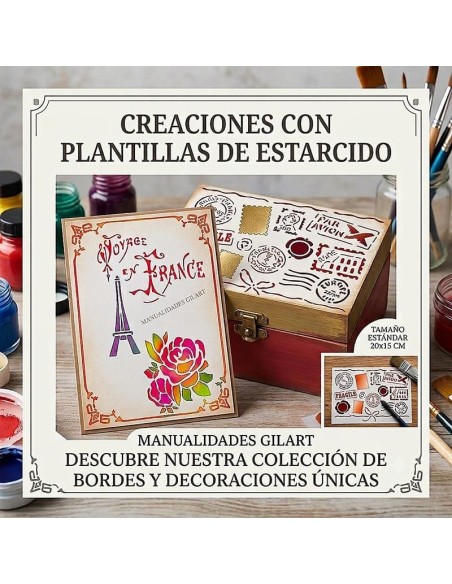 Muestras de técnicas de estarcido artístico con plantillas estilo vintage 20x15 cm