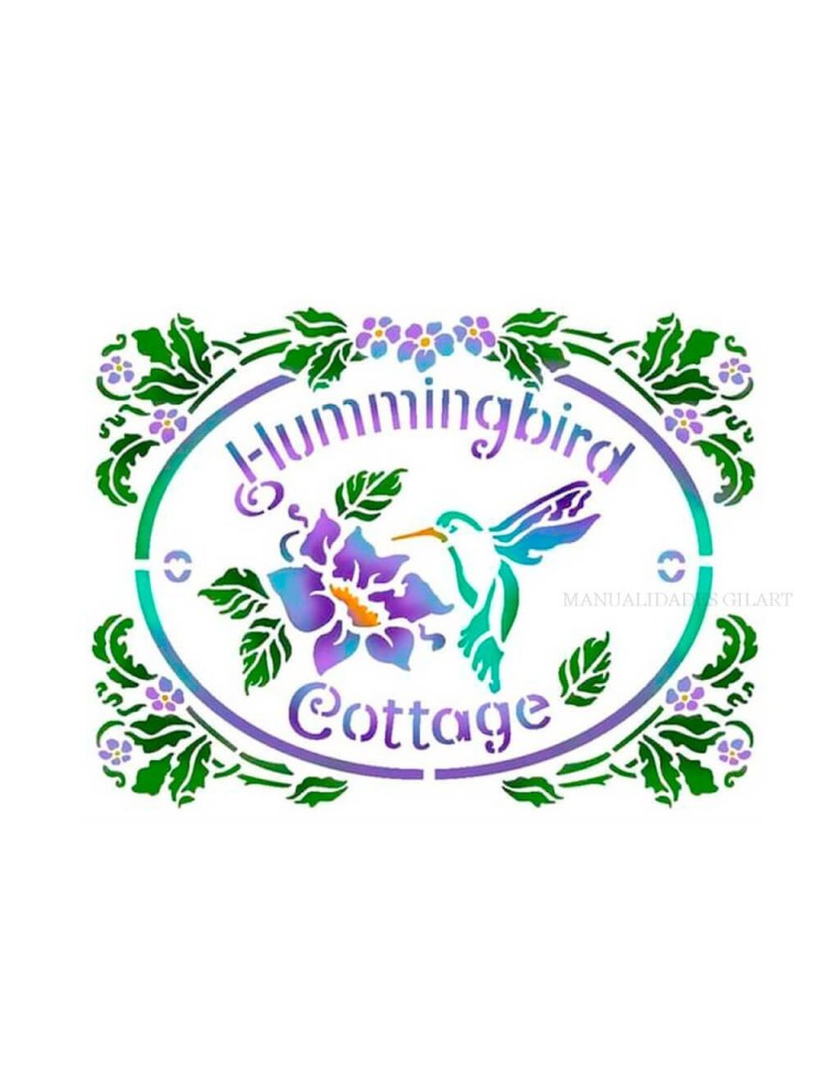 Plantilla stencil Hummingbird Cottage Stamperia KSD293 para estarcido de colibrí y marco floral con pintura