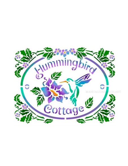 Plantilla stencil Hummingbird Cottage Stamperia KSD293 para estarcido de colibrí y marco floral con pintura