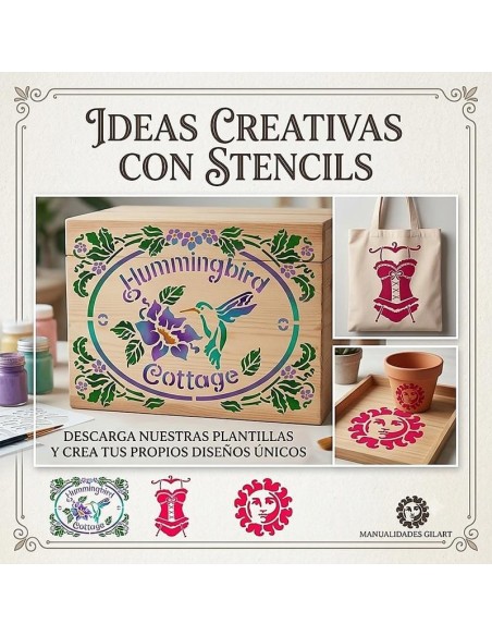 Maceta de barro decorada como idea de manualidad con la plantilla stencil Soles Stamperia 20x15 cm