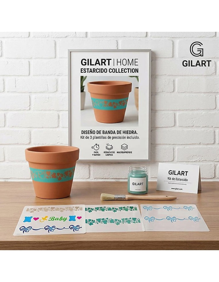 Maceta de barro decorada con la plantilla stencil Hiedra Stamperia KSE47 formando parte de un kit de estarcido