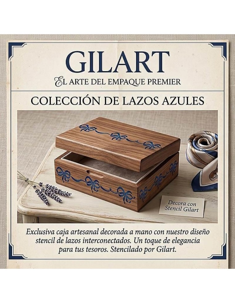 Caja de madera decorada a mano con la plantilla stencil Lazos Stamperia KSE129