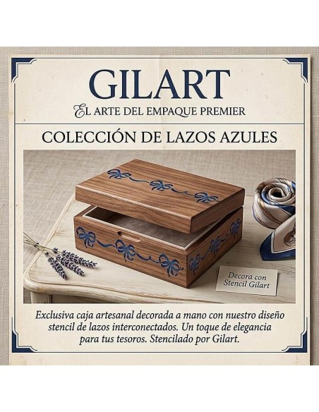 Caja de madera decorada a mano con la plantilla stencil Lazos Stamperia KSE129