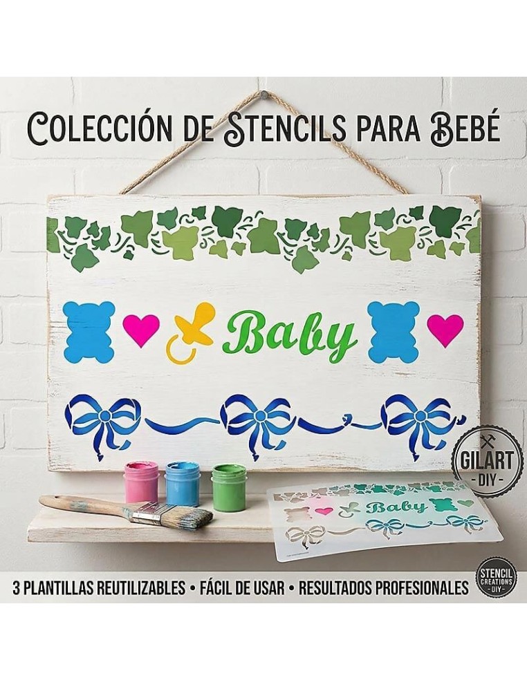 Panel de madera decorado con la plantilla stencil Baby Stamperia KSE152 junto a otras cenefas y botes de pintura
