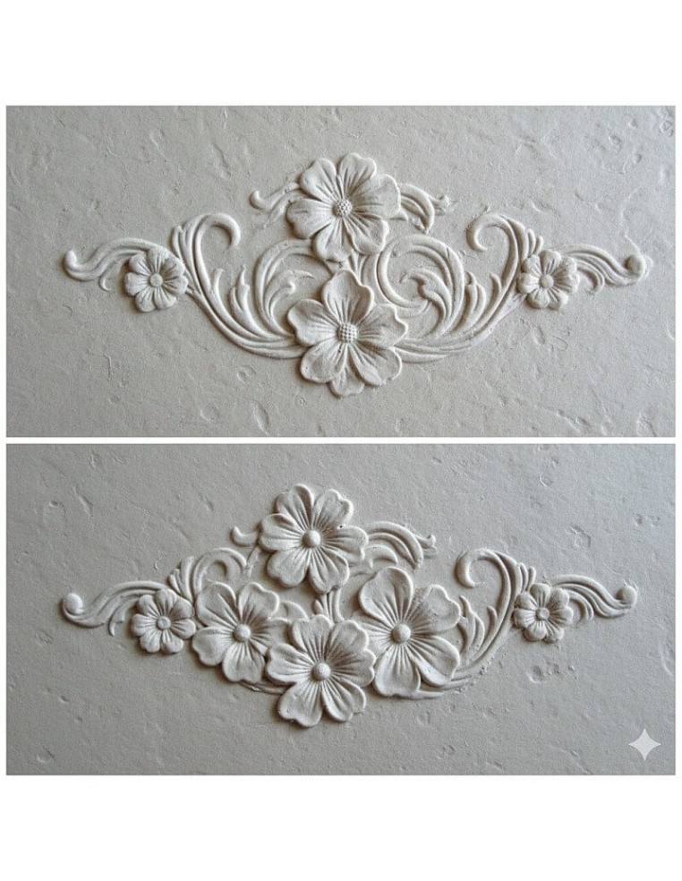 Muestra de acabado con relieve y pasta de modelar usando plantilla de 0,5 mm