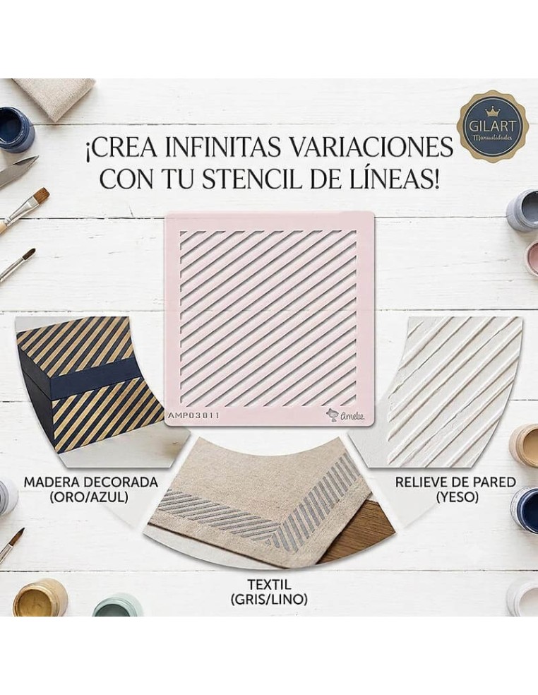 Muestra de variaciones de uso con la plantilla stencil de líneas diagonales en madera, textil y relieve de pared