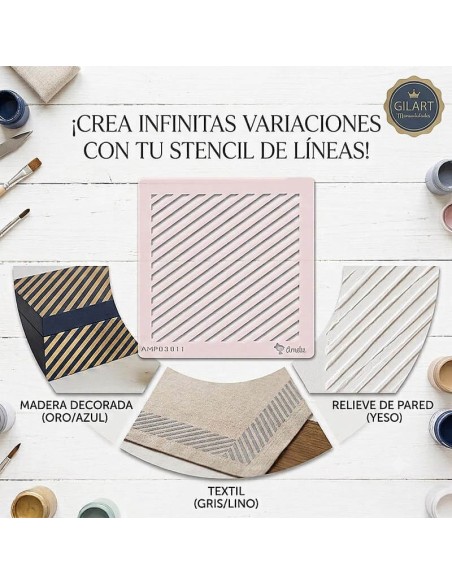 Muestra de variaciones de uso con la plantilla stencil de líneas diagonales en madera, textil y relieve de pared