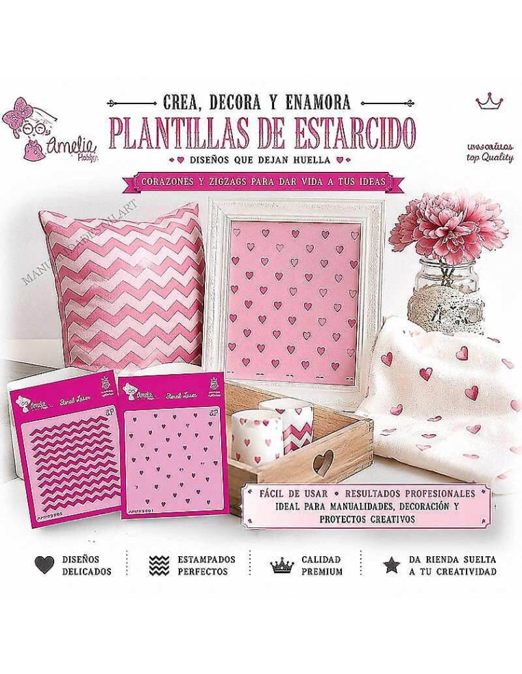 Ejemplo de decoración artesanal utilizando la plantilla stencil Amelie Corriente
