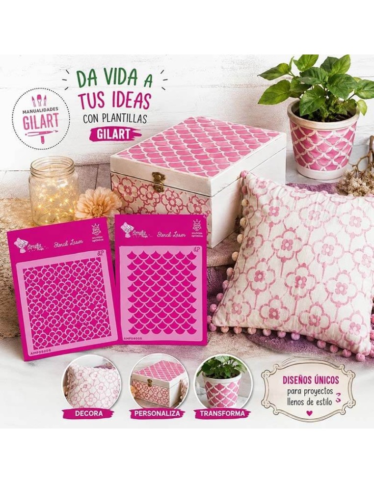 Caja de madera decorada con patrón de escamas usando la plantilla stencil Amelie
