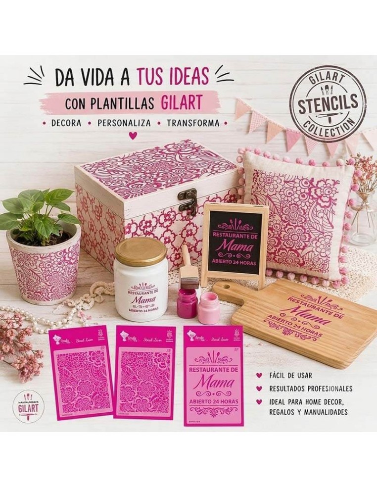 Ejemplo de cartel de madera decorado con la plantilla stencil Restaurante de Mamá