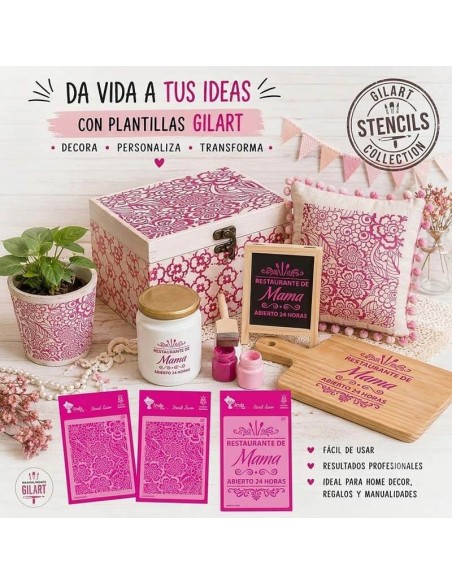 Ejemplo de cartel de madera decorado con la plantilla stencil Restaurante de Mamá