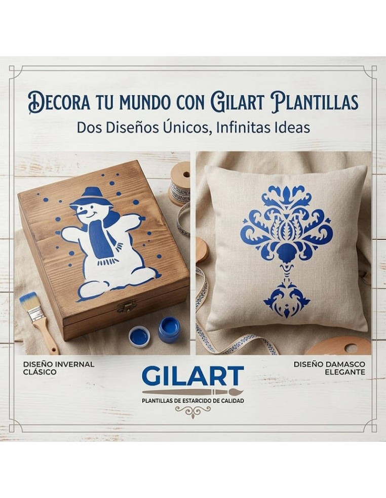 Ejemplos de decoración clásica en cojín textil y caja de madera con la plantilla stencil Ornamento