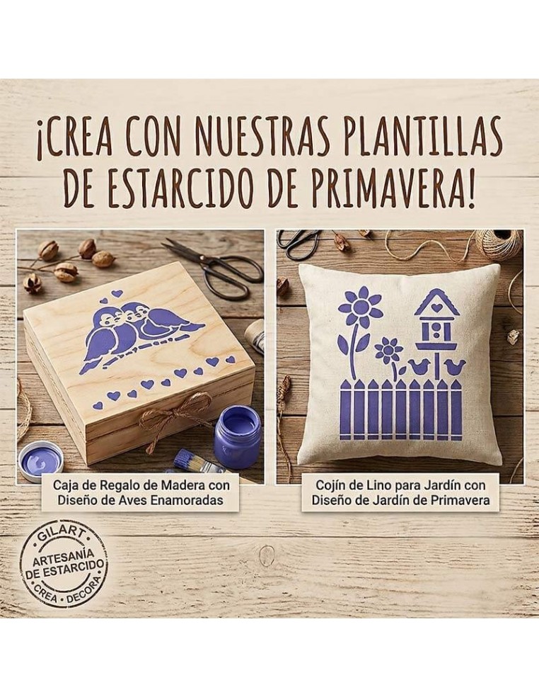 Ejemplo de decoración romántica en caja de madera con el diseño de la plantilla stencil Pajaritos