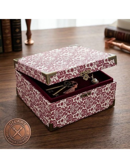 Caja joyero de cartonaje forrada con papel Arabesco Burdeos For You