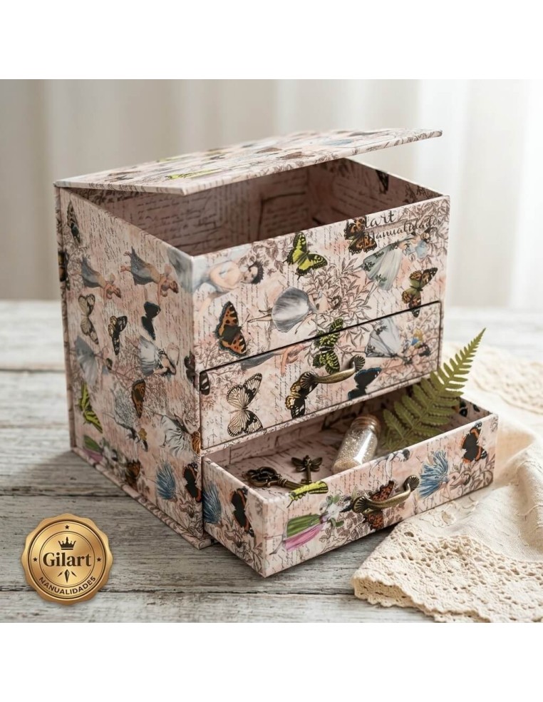 Mueble joyero de cartonaje forrado con papel Hadas Bosque For You