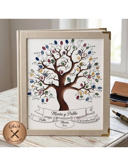 Árbol de firmas con huellas dactilares y nombres para boda en cartonaje