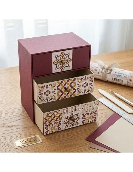Mini cajonera de escritorio forrada con papel de cartonaje azulejos cálidos For You