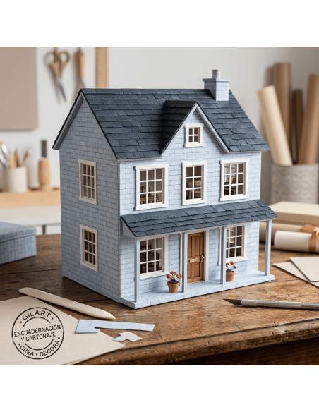 Casita de muñecas en miniatura con fachadas forradas con papel de cartonaje ladrillo azul For You