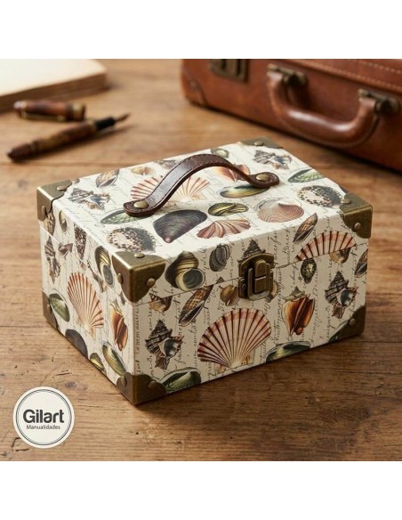 Baulete de cartonaje forrado con papel de conchas marinas Vintage Shells For You