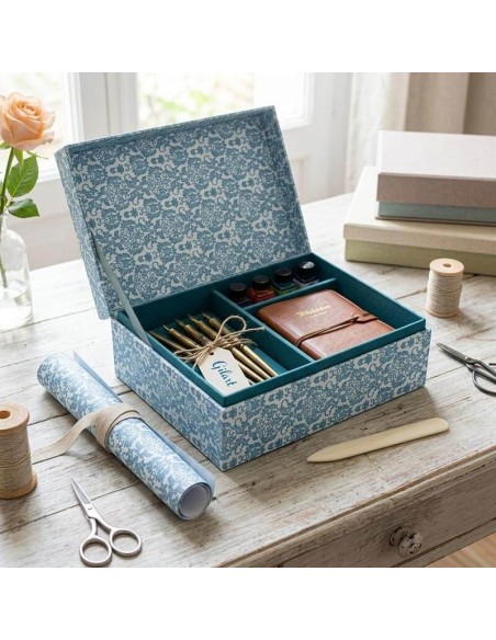 Caja organizadora de escritorio de cartonaje forrada con papel arabesco azul For You