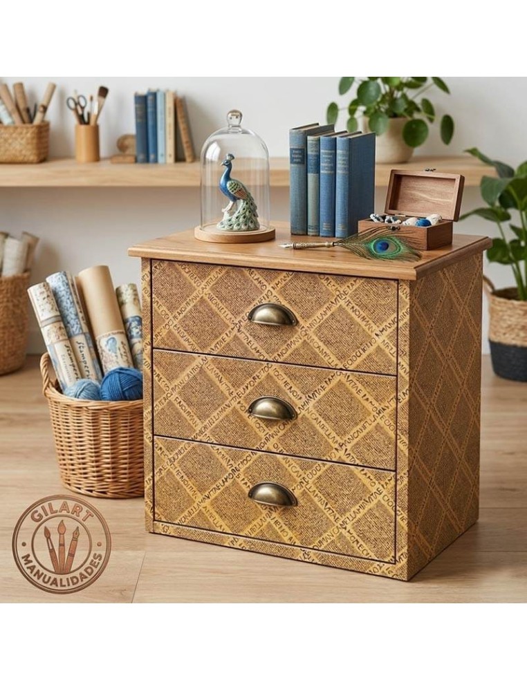 Mueble cajonero decorado con papel de arroz Stamperia estilo arpillera y caligrafia